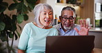 Laptop, hello and senior couple on video call in home, smile or talk in communication. Wave, man and woman in virtual chat, conference and greeting in online meeting together, happy and interracial