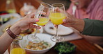 Hands, glass and toast with people on thanksgiving together for a celebration tradition or holidays closeup. Party, food at an event and cheers with juice or alcohol in the dining room of a home