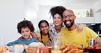 Smile, food and family eating breakfast together in the kitchen of their home together on the weekend. Portrait, love and children with their parents in an apartment for health, diet or nutrition