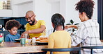 Love, food and family eating breakfast together in the kitchen of their home together on the weekend. Smile, love and children with their parents in an apartment for health, diet or nutrition