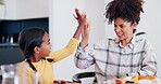 Mother, daughter and high five at home, smile and celebration for love, bonding and laughing. Happy family, hug and embrace or play, silly and goofy or humor, comedy and support or having fun or joy