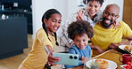 Selfie, peace sign and family eating breakfast together in the kitchen of their home together on the weekend. Love, food and children with their parents in an apartment for for a funny photograph