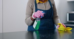 Woman, spray bottle and cleaning or disinfecting, table and cloth or hygiene, sanitary and health. Black person, gloves and chemical for protection, virus and equipment or antibacterial liquid soap