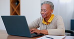 Senior woman, laptop and typing for communication, technology and internet or connection. Black elderly person, email and home or networking, internet banking and investment or online research