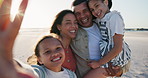 Girl kids, parents and beach selfie with smile, hug or care for post on web blog with love in nature. Father, mother and daughter children in happy family, photography or social media for sea holiday