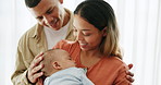 Home, mother and father with baby, happiness and family with infant, childcare development and embracing. Parents, mama and dad with newborn, kissing or apartment with love, bonding together or smile