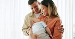 Home, mother and father with baby, kiss and family with love, childcare development and happiness. Parents, mama and dad with newborn, apartment and embracing with infant,, bonding together and smile