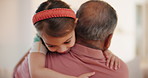 Grandparent, child and hug with back, home and embrace with love, grandchild and family. Man, happy and lounge or bonding together for relationship, excited and comfort with girl, house and care
