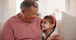 Home, hug and grandfather with girl, happiness and support with joy, apartment and bonding together. Face, old man and elderly person with grandchild, kid and embrace with love, care and cheerful