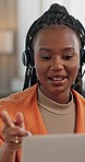 Laptop, smile and customer support with a black woman closeup in her home call center for support or remote work. Computer, headset and virtual assistance with a young employee consulting for crm