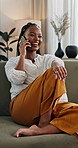 Woman, cellphone and call talking or flirting connection, communication or laughing chat. Black person, mobile and happy conversation for online dating or planning for romance, networking or joke
