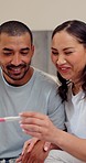 Home, hug or happy couple with pregnancy test or smile for future or baby together in bedroom. Wow, support or excited man in celebration of fertility success or good news with a proud pregnant woman