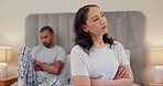 Woman, thinking or frustrated couple on bed with stress problem, breakup crisis or abuse in home. Infertility, divorce or angry people in conflict for cheating affair, marriage drama or toxic fight