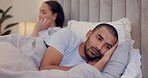Man, thinking or couple divorce in bed with stress problem, breakup crisis or toxic abuse in home. Infertility, frustrated or angry people in conflict for cheating affair, marriage drama or fight
