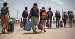 Refugees walking with bags and suitcases. War zone, homeless seeking asylum