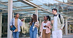 Learning, walking happy people and group talking about university news, college gossip or scholarship. Diversity students, conversation and friends speaking about school education on campus journey