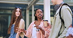 University student groups, walking and black woman talking about report news, college gossip or planning project ideas. Diversity school education, knowledge and friends consulting on campus journey