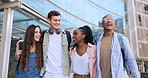 University group, hug and people walking, laugh and happy for scholarship education, college learning or community. Back to school, diversity students solidarity and friends smile on academy campus