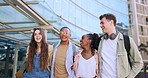 Students, friends group and walk at university with diversity, funny conversation and chat in sunshine. Men, women and talking with comic joke, story and happy for education, learning and studying