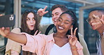 Students, friends and selfie at college, peace sign or diversity with smile for memory, post or blog. Men, women and emoji with photography for profile picture, live streaming or social network app