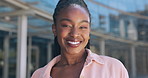 Portrait of black woman with smile outside campus, morning travel and opportunity with college education. City, travel and face of happy student at university for learning, studying and future career