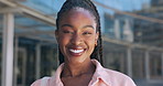 Face of black woman with smile outside campus, morning travel and opportunity with college education. City, travel and portrait of happy student at university for learning, studying and future career