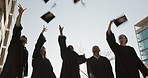 Graduation cap, group and students throw in air or sky for celebration, study success and achievement on campus. University people, friends or graduate class with college, school and education goals