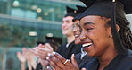 Clapping, campus or happy graduates in ceremony or gowns standing in a line outside together. Diversity, faces or proud students with smile for motivation, college achievement or education success