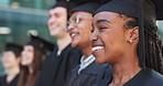 School, campus or happy graduates in ceremony or gowns standing in a line outside together. Diversity, faces or proud students with smile for motivation, college achievement or education success
