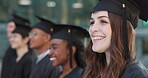 Graduation, class or face of happy woman on campus for education, achievement or school success. Scholarship winner, college goals or excited student graduate with smile, pride or degree certificate