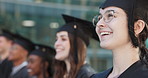 Graduation, face or happy woman student on campus  for education, achievement or school success. Speech, college class goals or graduate laughing in an event with smile, pride or degree certificate