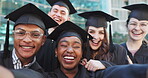 Face, diversity or friends by graduation selfie in certificate, students celebration or college in degree achievement. Award, cheering or portrait for diploma, success education or smile on campus
