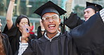 Graduation, cheers or face of happy man on campus for education, achievement or school goal. Class group success, college diploma or excited student graduate with smile, pride or degree certificate
