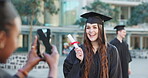 Phone photo, graduation diploma or happy woman celebrate for learning achievement, university progress or college. School certificate award, cellphone or student post graduate picture to social media