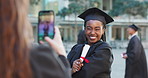 Smartphone, graduation and photography with a student, certificate and university with social media. People, black woman or girl with cellphone, picture or certificate with degree, post and college