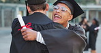 Graduation, friends hug and happy people in celebration of education achievement in university. Smile, graduate and students embrace, handshake and certificate at college, success and support of men