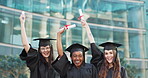 Graduation, hands or face of students in winner, college celebration or goal achievement on campus. Education, cheering or diversity in portrait diploma by excited, friends in university success 