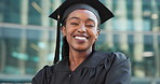 Face, funny and black woman with graduation, education or celebration with happiness, robe or university. Portrait, person or academic with student, excited or achievement with success or scholarship