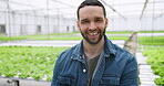 Farming, greenhouse and man in garden, arms crossed and sustainable farmer for agriculture, gardening and smile. Portrait, ecology and organic products for eco friendly, nursery and food production
