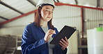 Woman, tablet and technician at warehouse for maintenance, inspection or research on site. Female person, contractor or engineer working on technology for online search, plan or monitoring factory