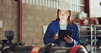 Tablet, industry and machinery with an asian woman engineer in a factory for inspection or maintenance. Technology, manufacturing and equipment with a technician in a plant or warehouse for repair