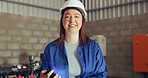Happy woman, face and engineer at warehouse or factory for maintenance with career ambition. Portrait of female person, contractor or technician smile with tablet, positive attitude or job mindset