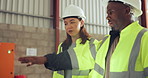 Teamwork, industry and construction worker people in a warehouse for planning or discussion. Diversity, communication and engineer team together in a plant or factory for professional manufacturing