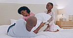Happy family, children and father with pillow fight in bedroom for fun, game or playing with excited emoji. Man, girl or smile in bond, quality and time for childhood, memory and together with parent
