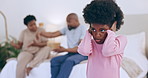 Black family, fight and divorce on bed with child in argument, disagreement or conflict at home. African man and woman in bedroom dispute with kid closing ears for cheating affair or breakup at house