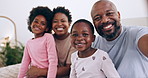 Happy, selfie and black family bonding in bed together at modern home for having fun at home. Smile, love and African mother and father playing and taking a picture with kids in the bedroom of house.