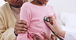 Mother, child and doctor stethoscope at hospital for lungs, breathing or examination zoom. Healthcare, assessment and mom with kid consulting pediatrician for heartbeat, health or wellness check up
