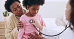 Doctor, child and stethoscope with medical check, assessment and test for breathing in house with mom. Medic, mother and daughter with tools for lungs, cardiology or healthcare for wellness in home