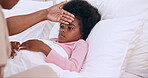 Mother, child and hands on forehead in bed, monitor wellness in family home for cold or flu. Black woman, daughter and check temperature for illness with worry, concern and care for sick kid in house