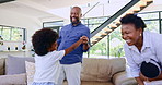 Happy, home and parents dance with children for bonding, relax and healthy relationship in living room. Black family, love and mother, father and kids having fun and learning dancer moves on weekend